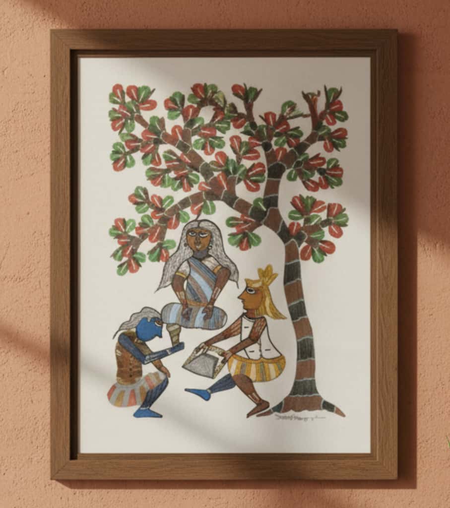 Authentic Gond Painting: "Tribal Storytelling Scene Under a Tree" | Premium Handmade Folk Art (11" x 15") | Indi Temptation