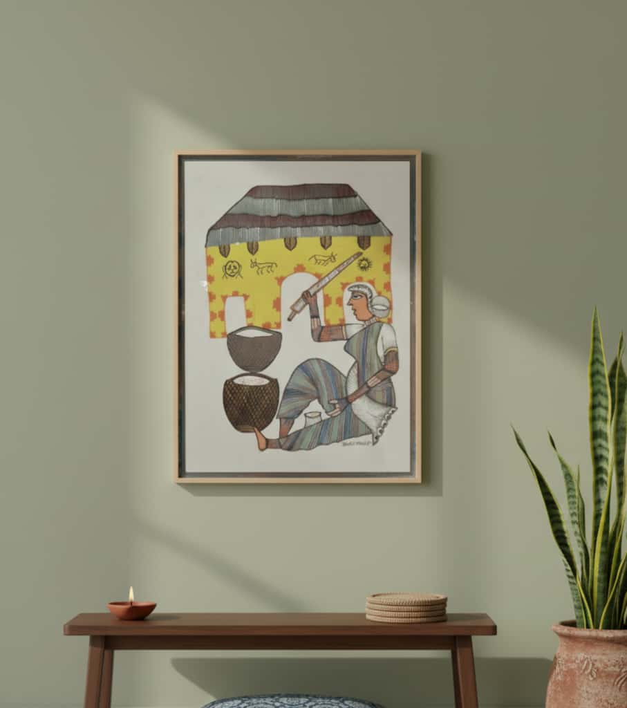 Authentic Gond Painting: "Tribal Woman & Domestic Scene" | Handmade Indian Folk Art (11" x 15") | Indi Temptation