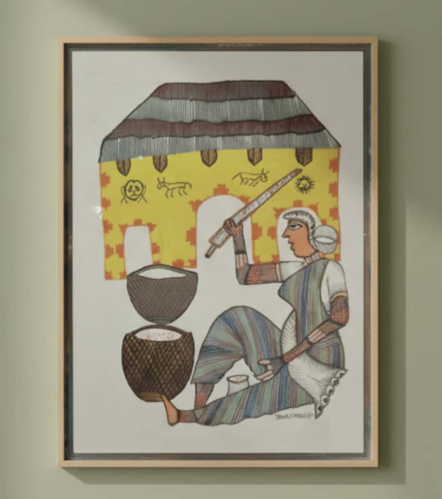 Authentic Gond Painting: "Tribal Woman & Domestic Scene" | Handmade Indian Folk Art (11" x 15") | Indi Temptation