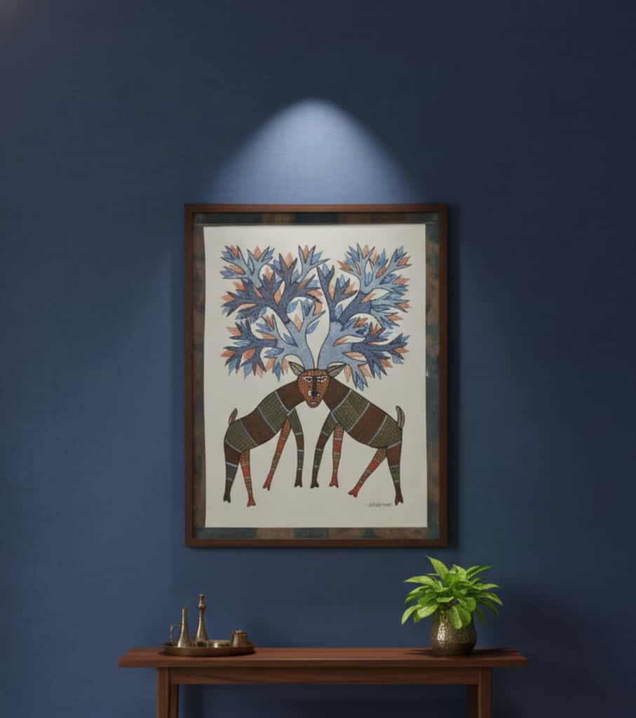 Authentic Gond Painting: "Two Deer With Merged Antlers Trees" | Premium Handmade Folk Art (11" x 15") | Indi Temptation