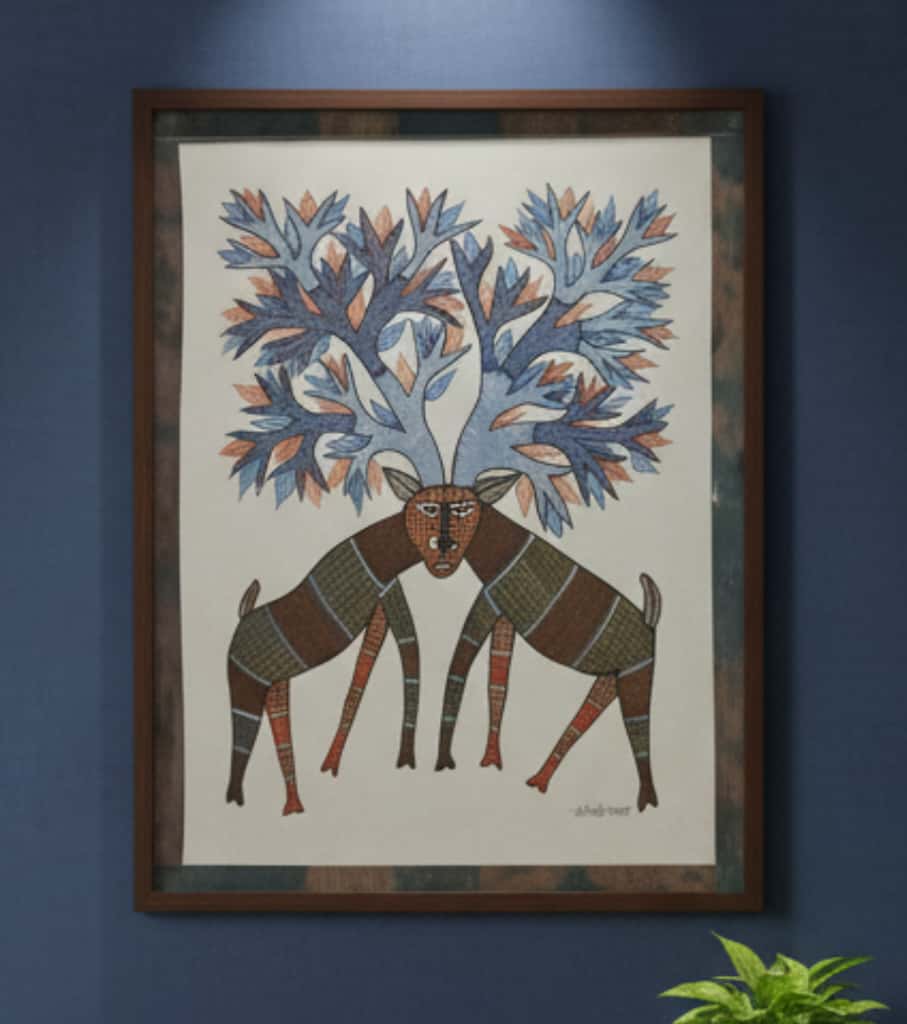 Authentic Gond Painting: "Two Deer With Merged Antlers Trees" | Premium Handmade Folk Art (11" x 15") | Indi Temptation
