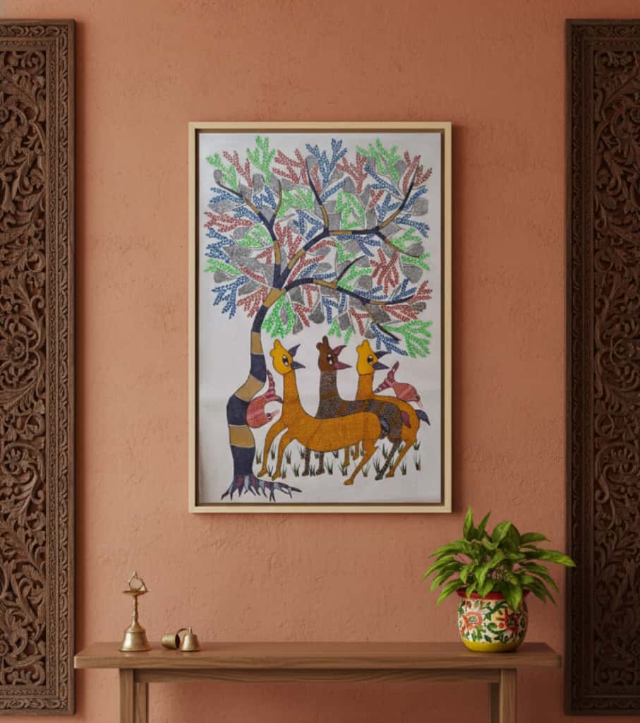 Authentic Gond Painting: Tribal Art With Deer & Tree Motif | Large Handmade Folk Art (36" x 24") | Indi Temptation