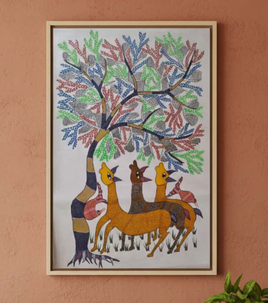 Authentic Gond Painting: Tribal Art With Deer & Tree Motif | Large Handmade Folk Art (36" x 24") | Indi Temptation