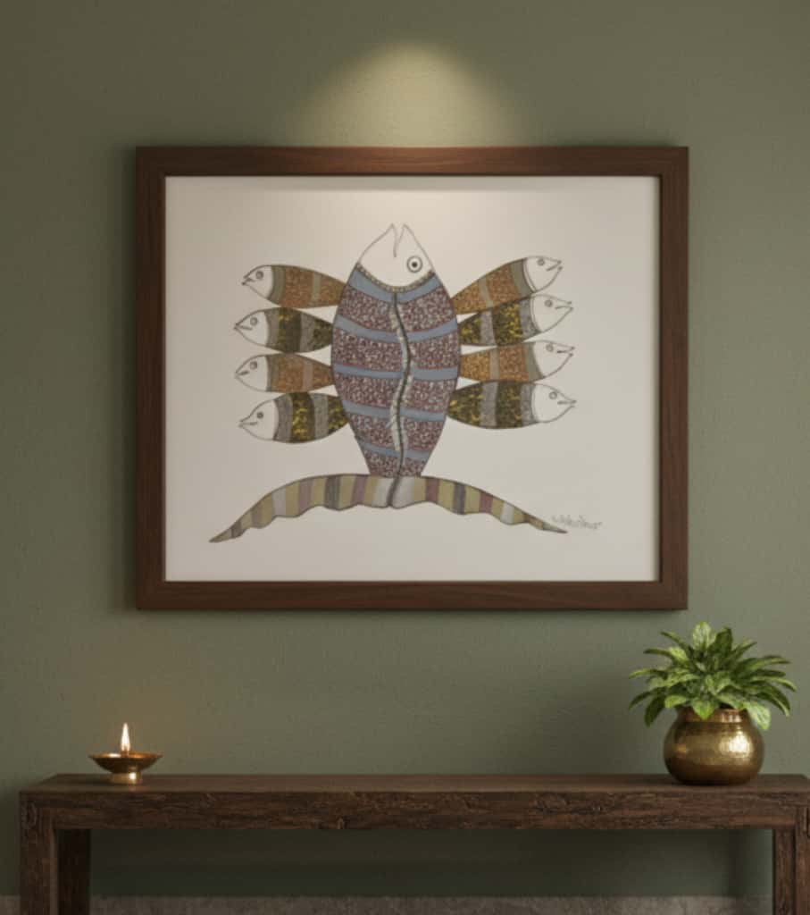 Authentic Gond Painting: Auspicious Fish Motif Tribal Art | Handmade Folk Art (11" x 15") | Indi Temptation