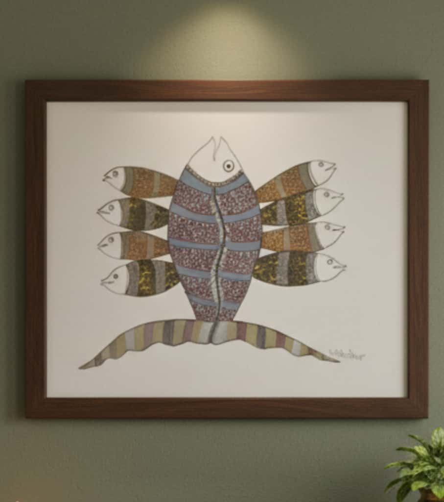 Authentic Gond Painting: Auspicious Fish Motif Tribal Art | Handmade Folk Art (11" x 15") | Indi Temptation