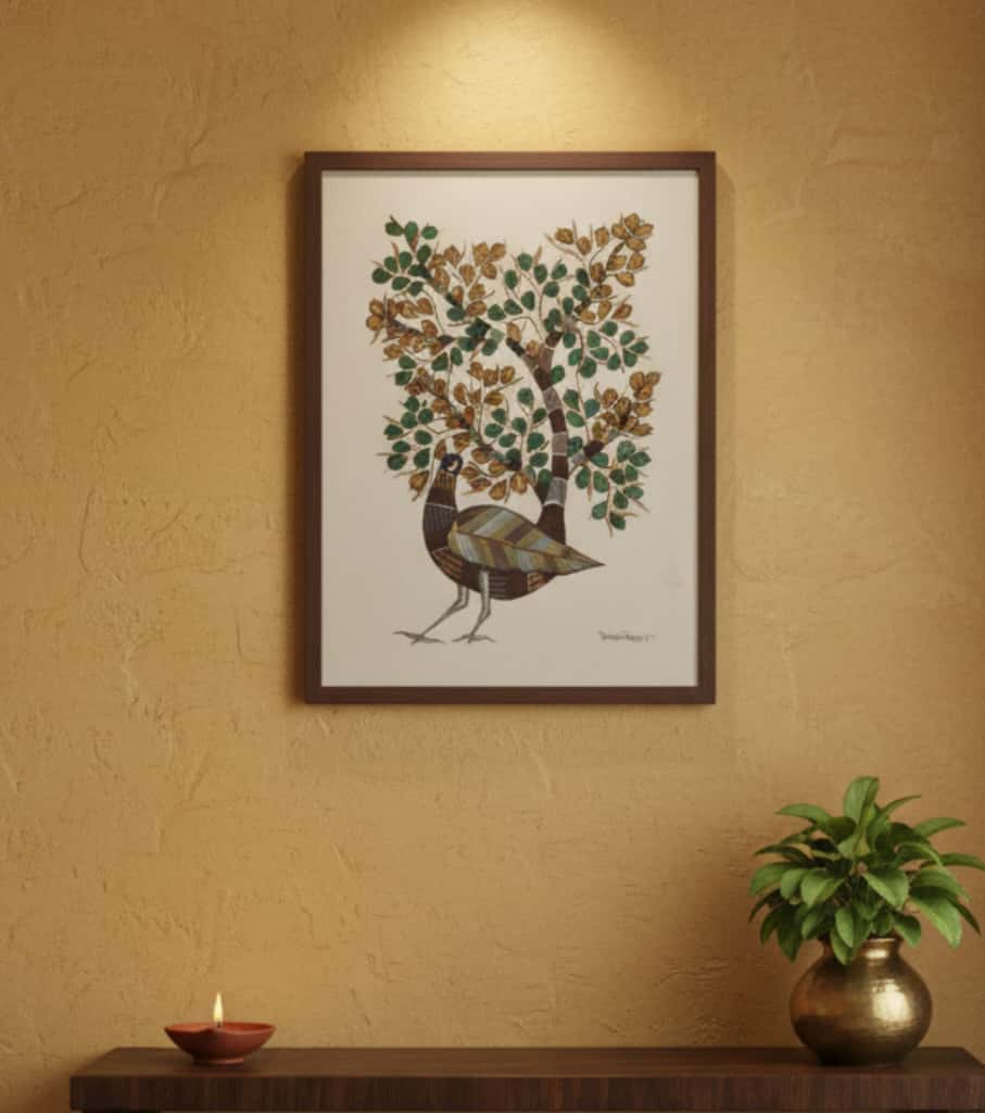 Authentic Gond Painting: Bird Merging with Tree Of Life | Handmade Tribal Folk Art (11" x 15") | Indi Temptation