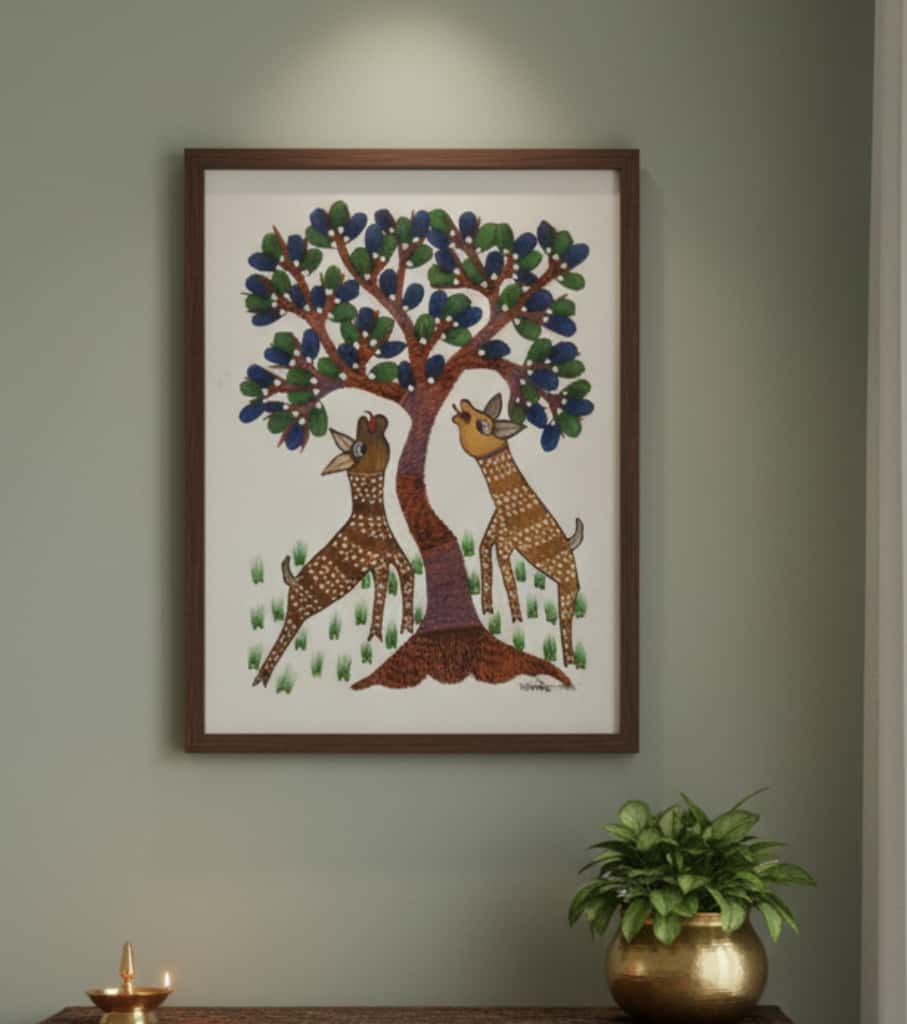 Authentic Gond Painting: Deer Under the Tree Tribal Art | Handmade Folk Art (11" x 15") | Indi Temptation