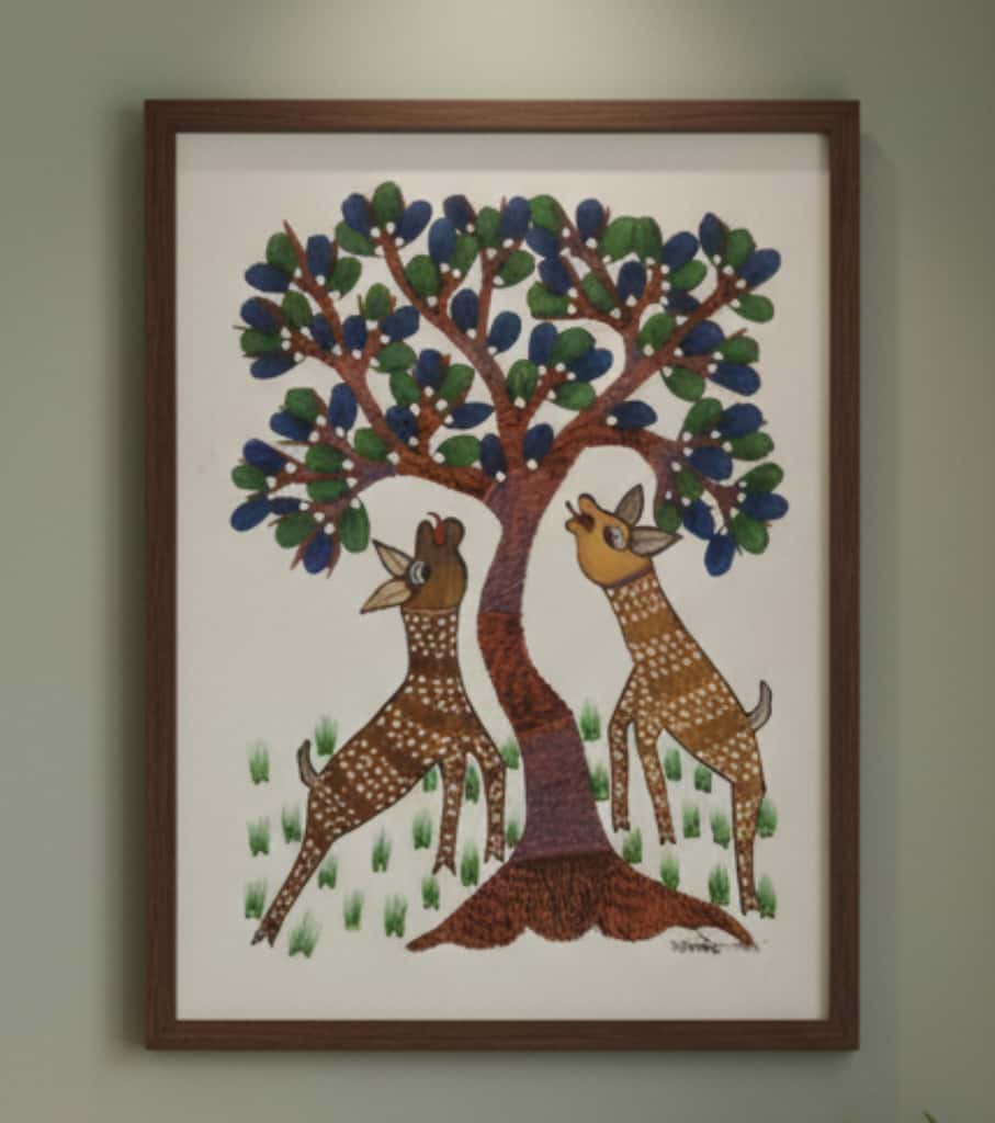 Authentic Gond Painting: Deer Under the Tree Tribal Art | Handmade Folk Art (11" x 15") | Indi Temptation