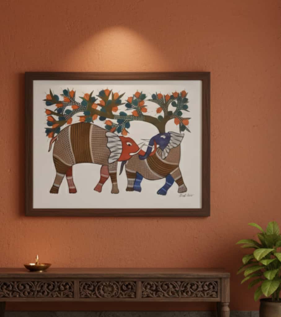 Authentic Gond Painting: "Elephants Under a Tree Tribal Art" | Handmade Folk Art (11" x 15") | Indi Temptation