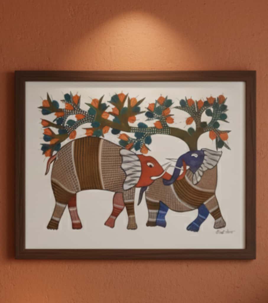Authentic Gond Painting: "Elephants Under a Tree Tribal Art" | Handmade Folk Art (11" x 15") | Indi Temptation