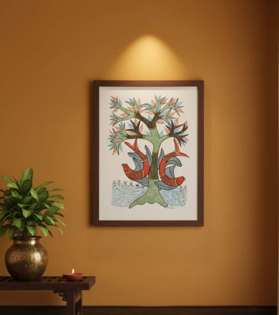 Authentic Gond Painting: "Fish Under the Tree of Life" | Handmade Tribal Art (11" x 15") | Indi Temptation
