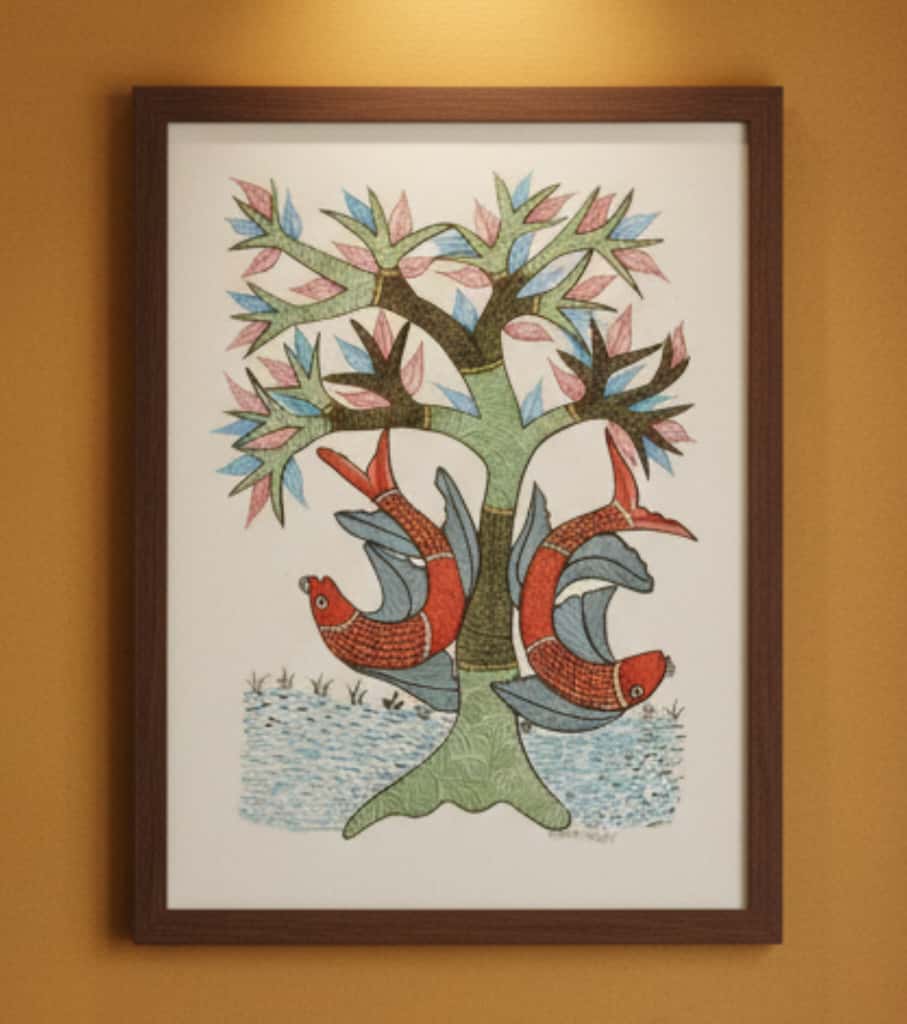 Authentic Gond Painting: "Fish Under the Tree of Life" | Handmade Tribal Art (11" x 15") | Indi Temptation
