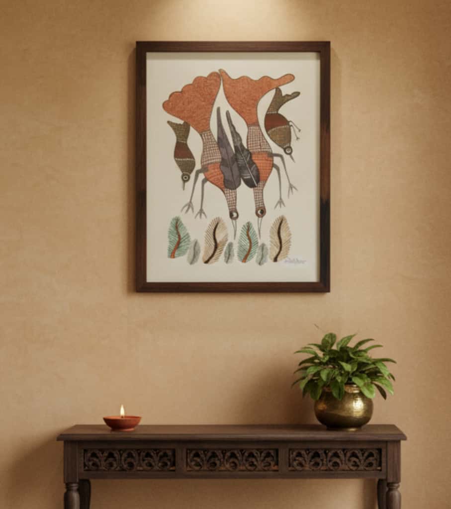 Authentic Gond Painting: "Group of Forest Birds Feeding" | Handmade Tribal Folk Art (11" x 15")