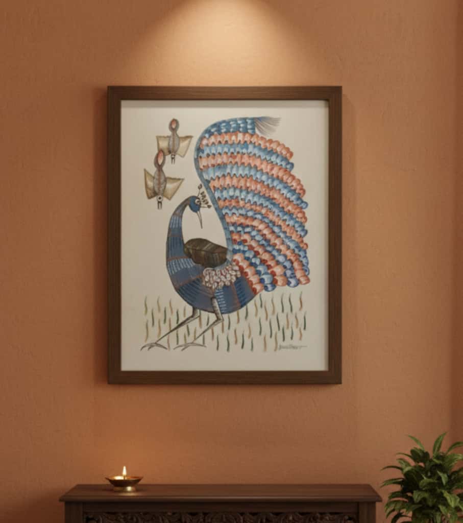 Authentic Gond Painting: "Majestic Peacock Tribal Art" | Premium Handmade Folk Art (11" x 15")