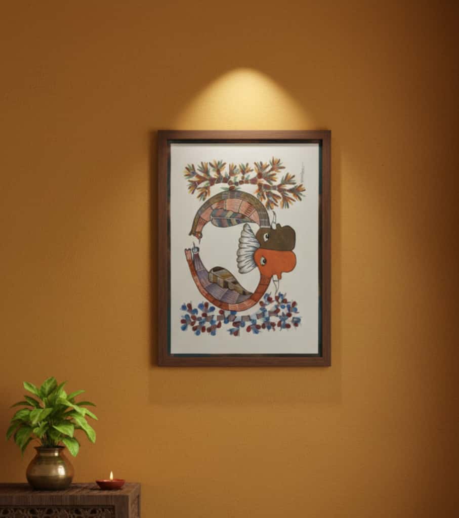 Authentic Gond Painting: "Mythical Serpent/Dragon Creature Folk Art" | Handmade Tribal Art (11" x 15") | Indi Temptation