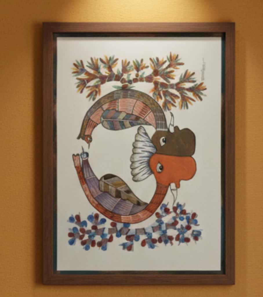 Authentic Gond Painting: "Mythical Serpent/Dragon Creature Folk Art" | Handmade Tribal Art (11" x 15") | Indi Temptation