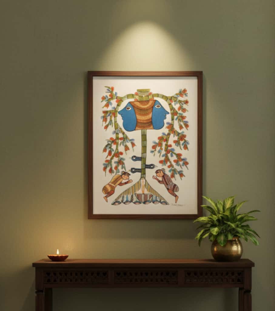Authentic Gond Painting: "Pot of Plenty & Harvest Motif" | Handmade Tribal Art (11" x 15") | Indi Temptation