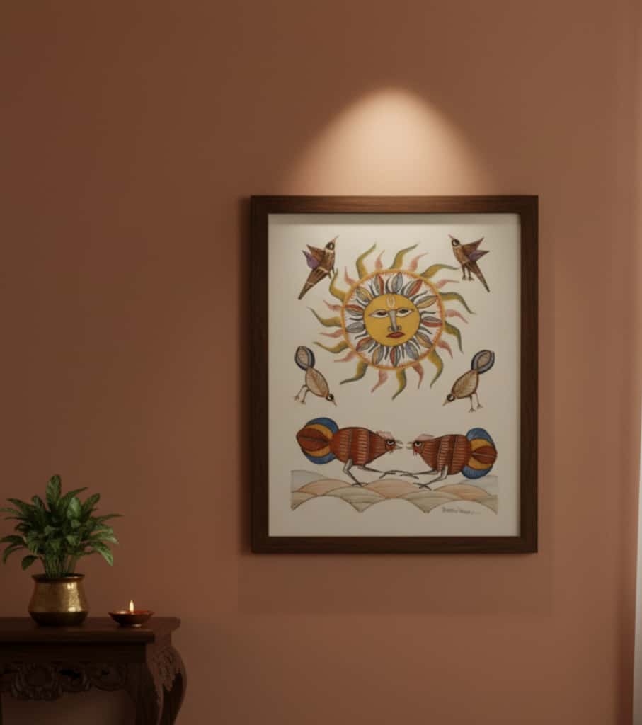Authentic Gond Painting: "Sun God, Celestial Birds & Harmony Art" | Handmade Tribal Folk Art (11" x 15") | Indi Temptation