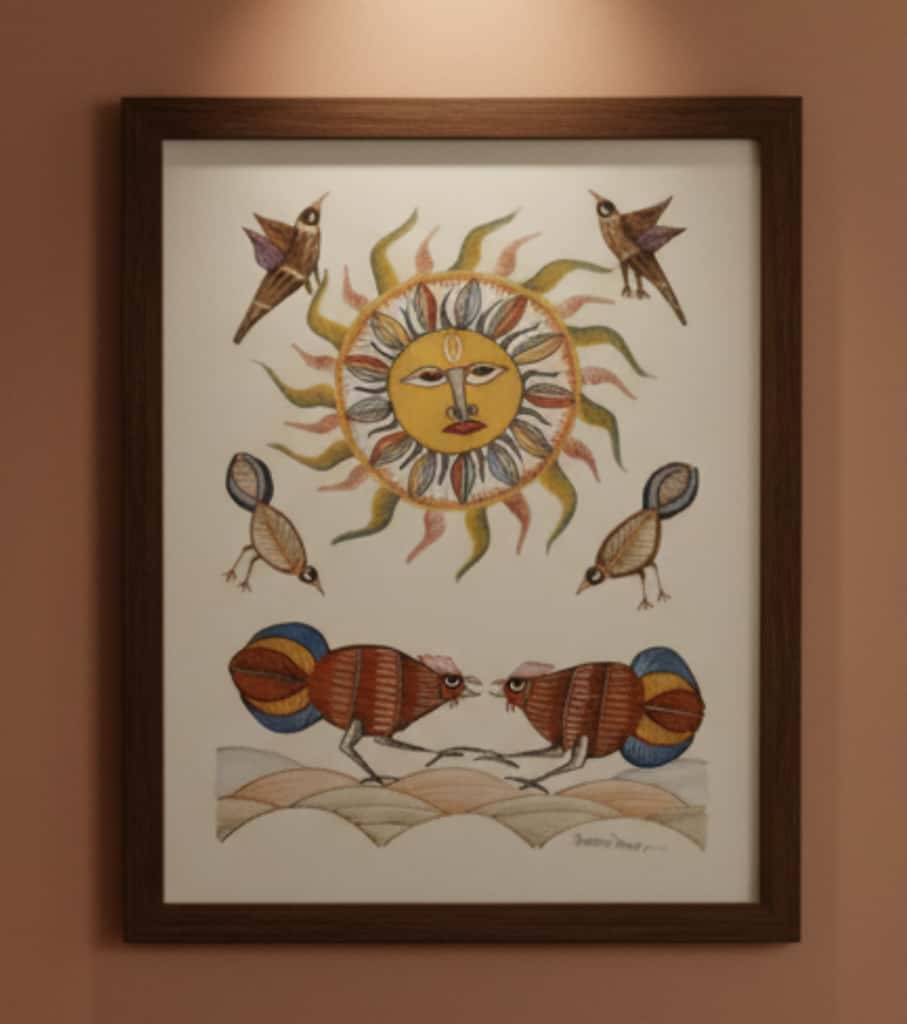 Authentic Gond Painting: "Sun God, Celestial Birds & Harmony Art" | Handmade Tribal Folk Art (11" x 15") | Indi Temptation