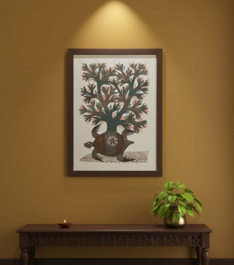 Authentic Gond Painting: "Tortoise & Tree of Life Art" | Handmade Tribal Folk Art (11" x 15") | Indi Temptation