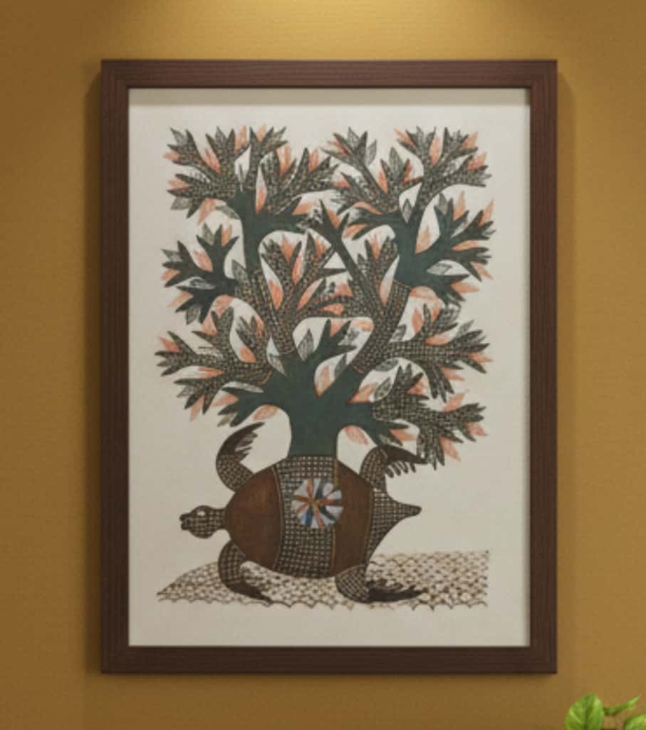 Authentic Gond Painting: "Tortoise & Tree of Life Art" | Handmade Tribal Folk Art (11" x 15") | Indi Temptation