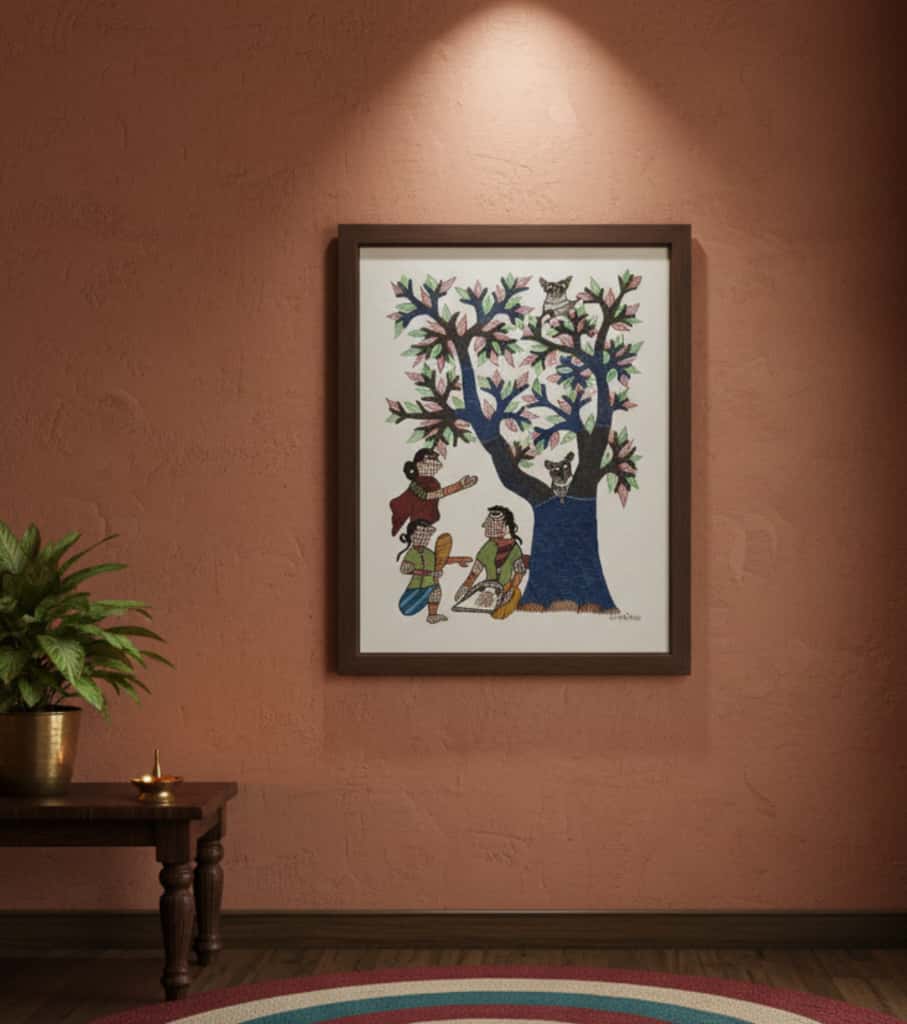Authentic Gond Painting: "Tribal Figures under Tree of Life" | Handmade Folk Art (11" x 15") | Indi Temptation