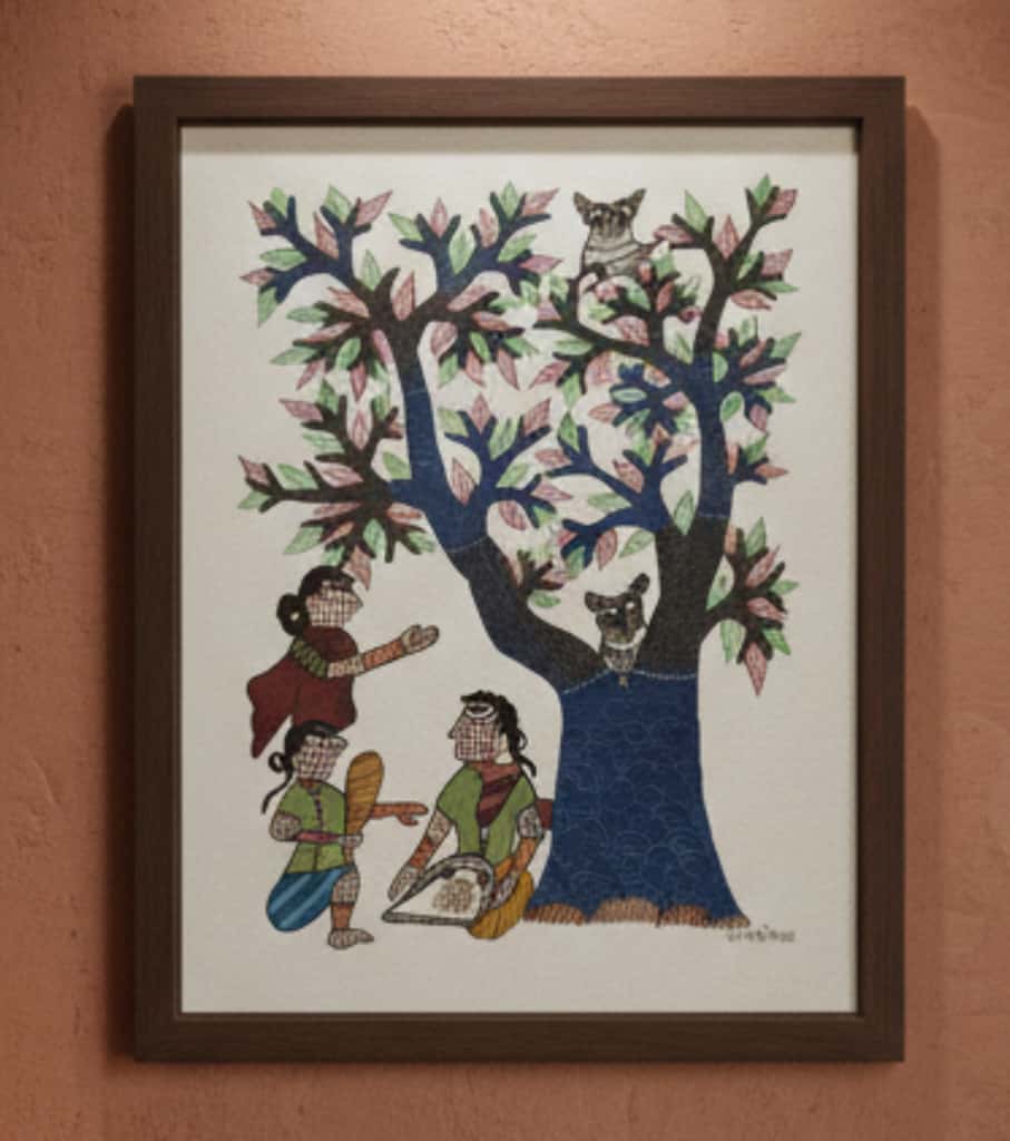 Authentic Gond Painting: "Tribal Figures under Tree of Life" | Handmade Folk Art (11" x 15") | Indi Temptation