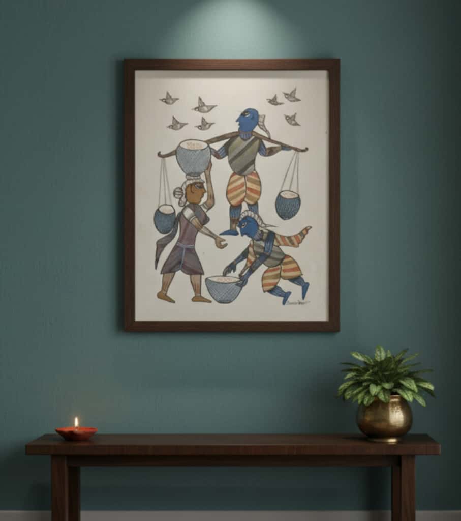 Authentic Gond Painting: "Tribal Life & Gathering Scene Folk Art" | Handmade Heritage Art (11" x 15") | Indi Temptation