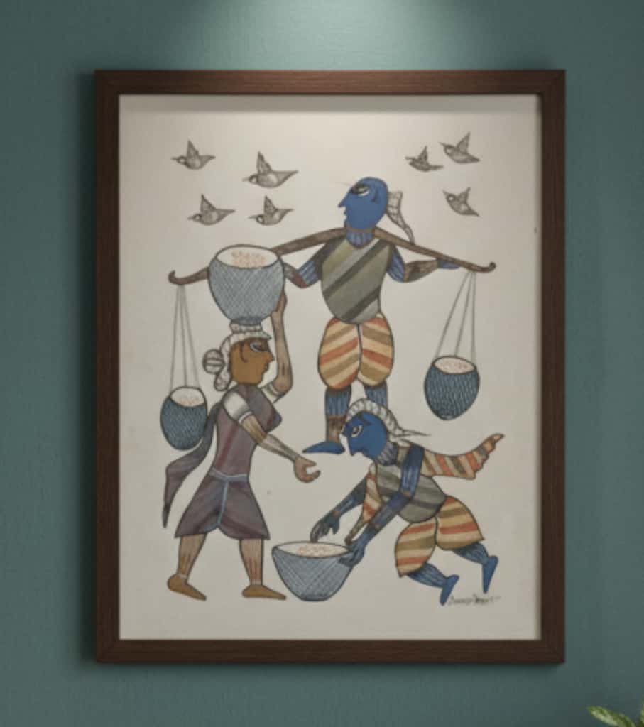 Authentic Gond Painting: "Tribal Life & Gathering Scene Folk Art" | Handmade Heritage Art (11" x 15") | Indi Temptation