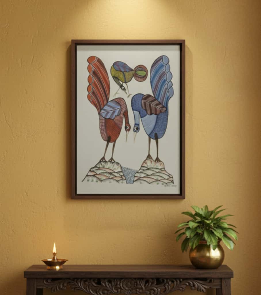 Authentic Gond Painting: "Vibrant Love Birds Indian Tribal Art" | Handmade Folk Art (11" x 15") | Indi Temptation