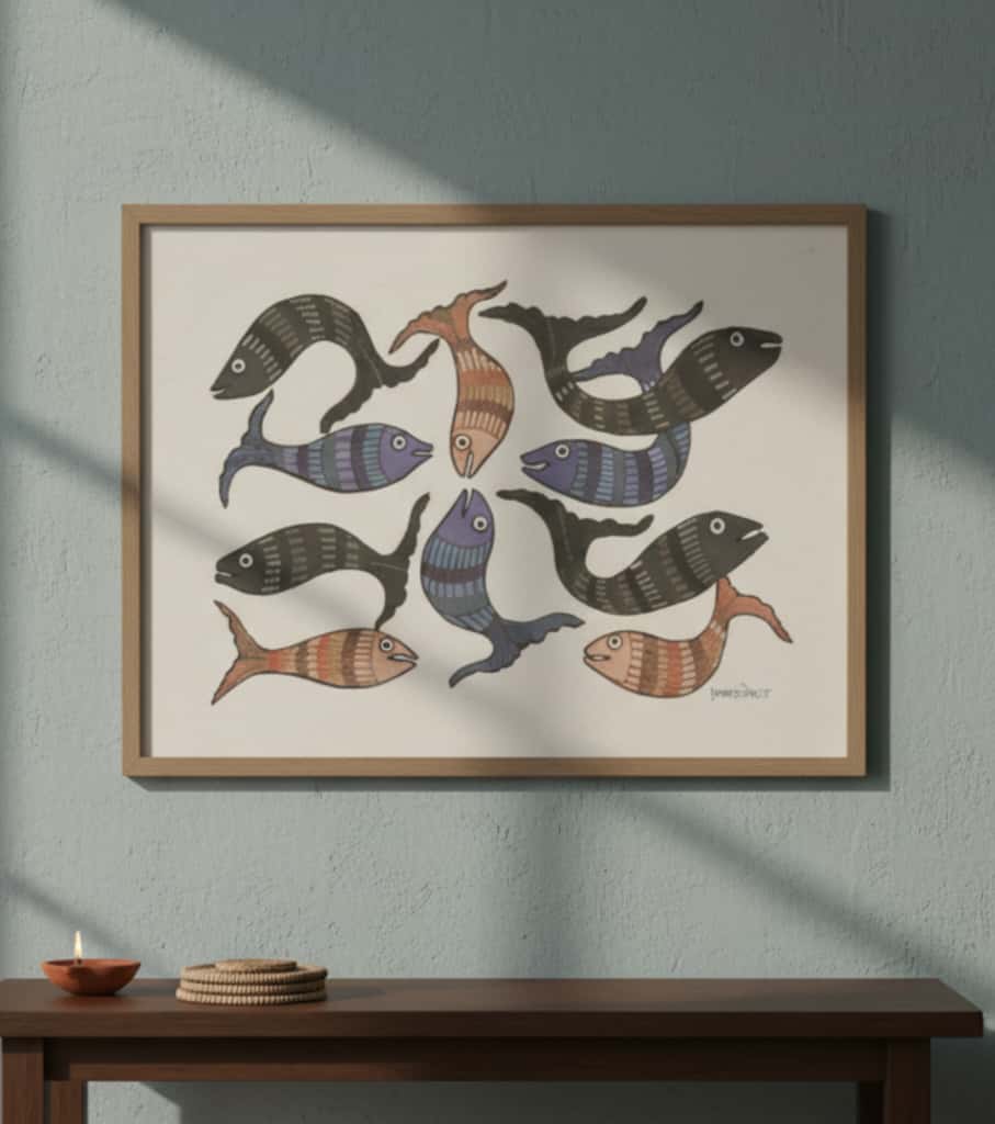 Authentic Gond Painting: "School of Fish Motif" | Handmade Tribal Art (11" x 15") | Indi Temptation