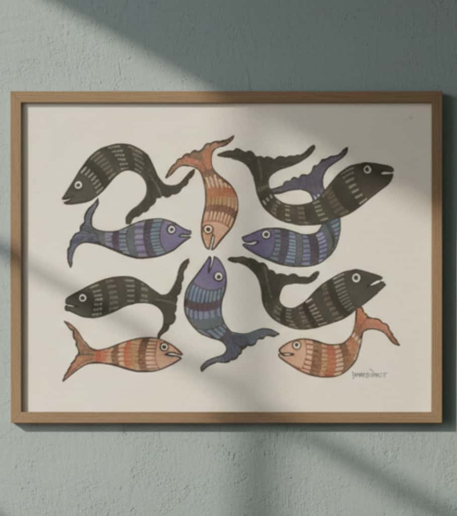 Authentic Gond Painting: "School of Fish Motif" | Handmade Tribal Art (11" x 15") | Indi Temptation