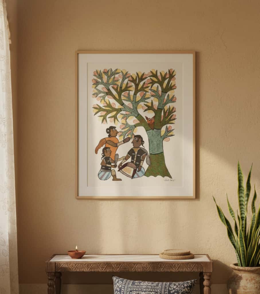 Authentic Gond Painting: "Tribal Family Under Tree" | Handmade Folk Art (11" x 15") | Indi Temptation