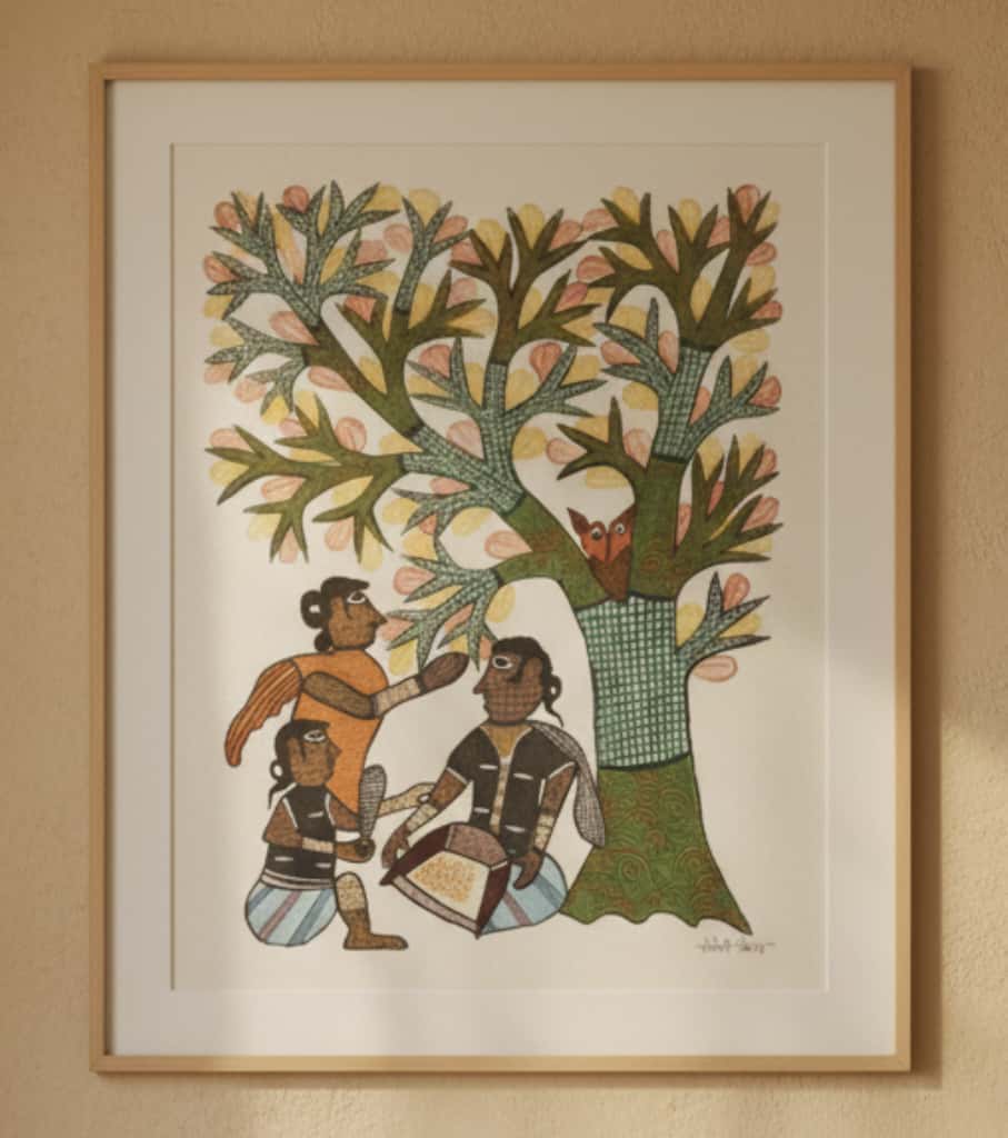 Authentic Gond Painting: "Tribal Family Under Tree" | Handmade Folk Art (11" x 15") | Indi Temptation