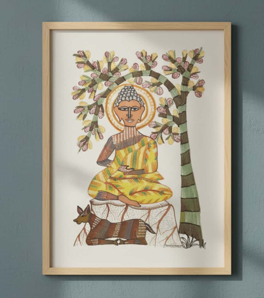 Authentic Gond Painting: "Meditation Under Tree" | Handmade Spiritual Tribal Art (11" x 15") | Indi Temptation
