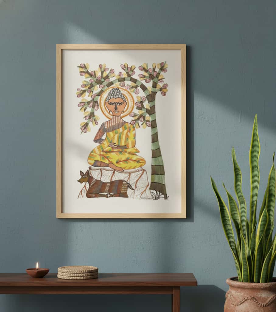 Authentic Gond Painting: "Meditation Under Tree" | Handmade Spiritual Tribal Art (11" x 15") | Indi Temptation