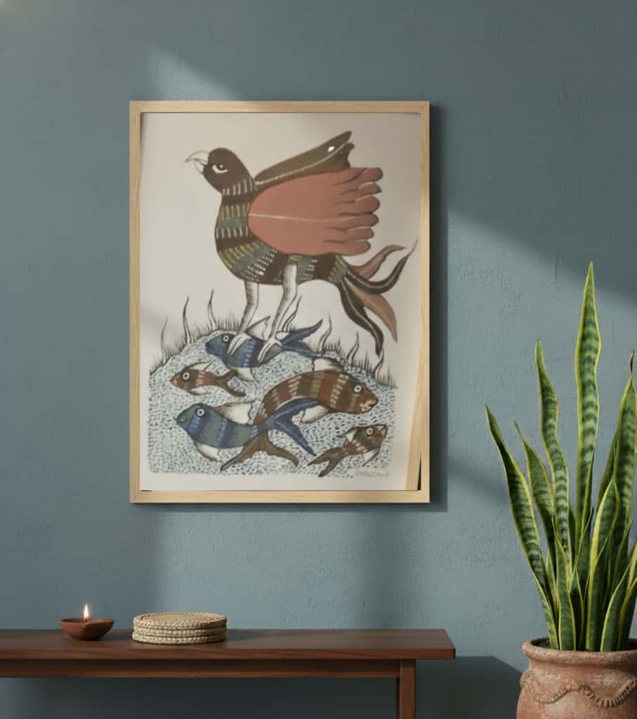 Authentic Gond Painting: "Mythical Bird & Fish Scene" | Handmade Tribal Art (11" x 15") | Indi Temptation
