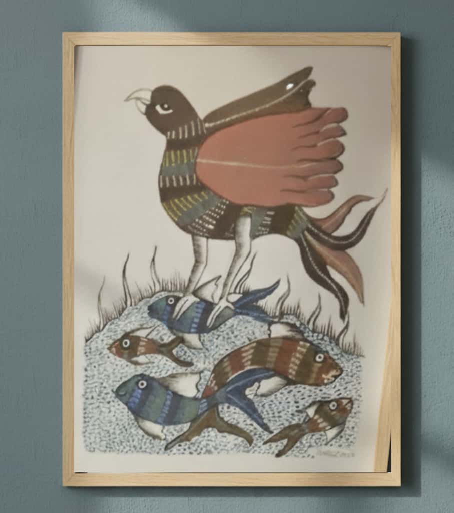 Authentic Gond Painting: "Mythical Bird & Fish Scene" | Handmade Tribal Art (11" x 15") | Indi Temptation