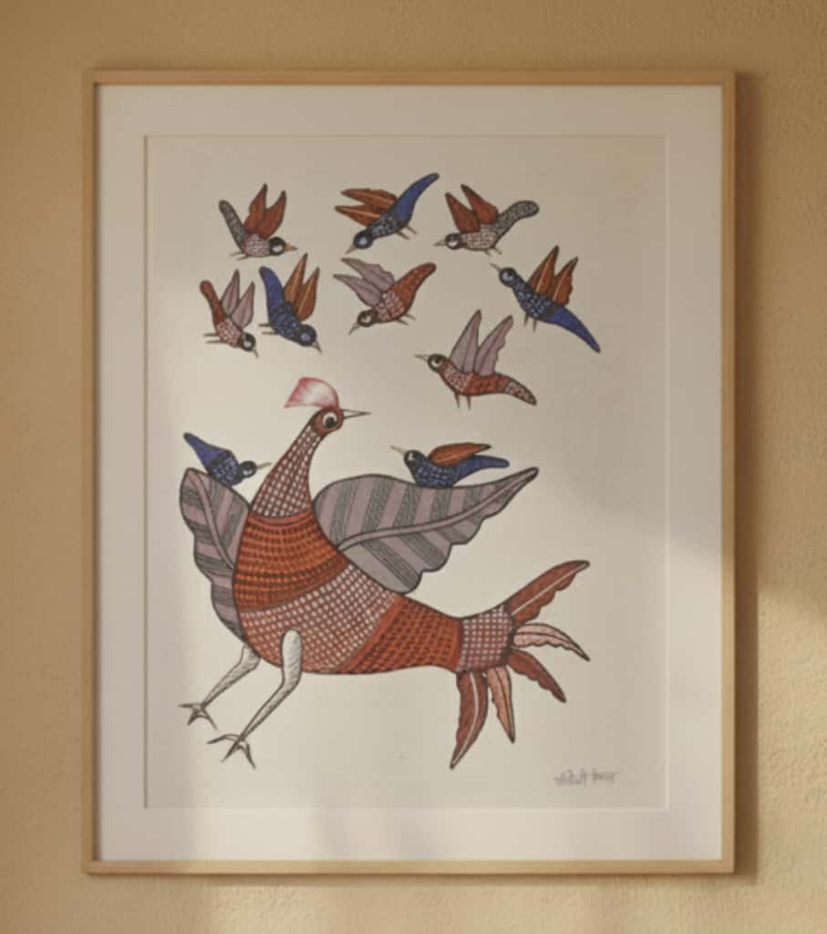 Authentic Gond Painting: "Mythical Bird & Flying Flock" | Handmade Tribal Art (11" x 15") | Indi Temptation