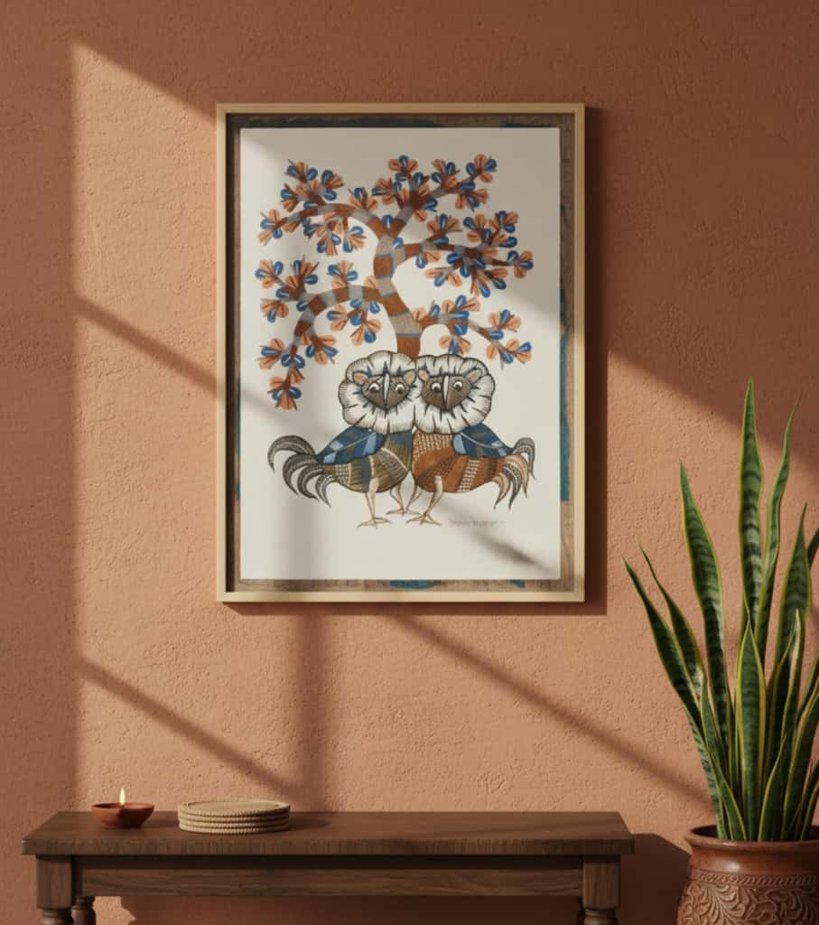 Authentic Gond Painting: "Pair & Life Tree" | Handmade Tribal Folk Art (11" x 15") | Indi Temptation