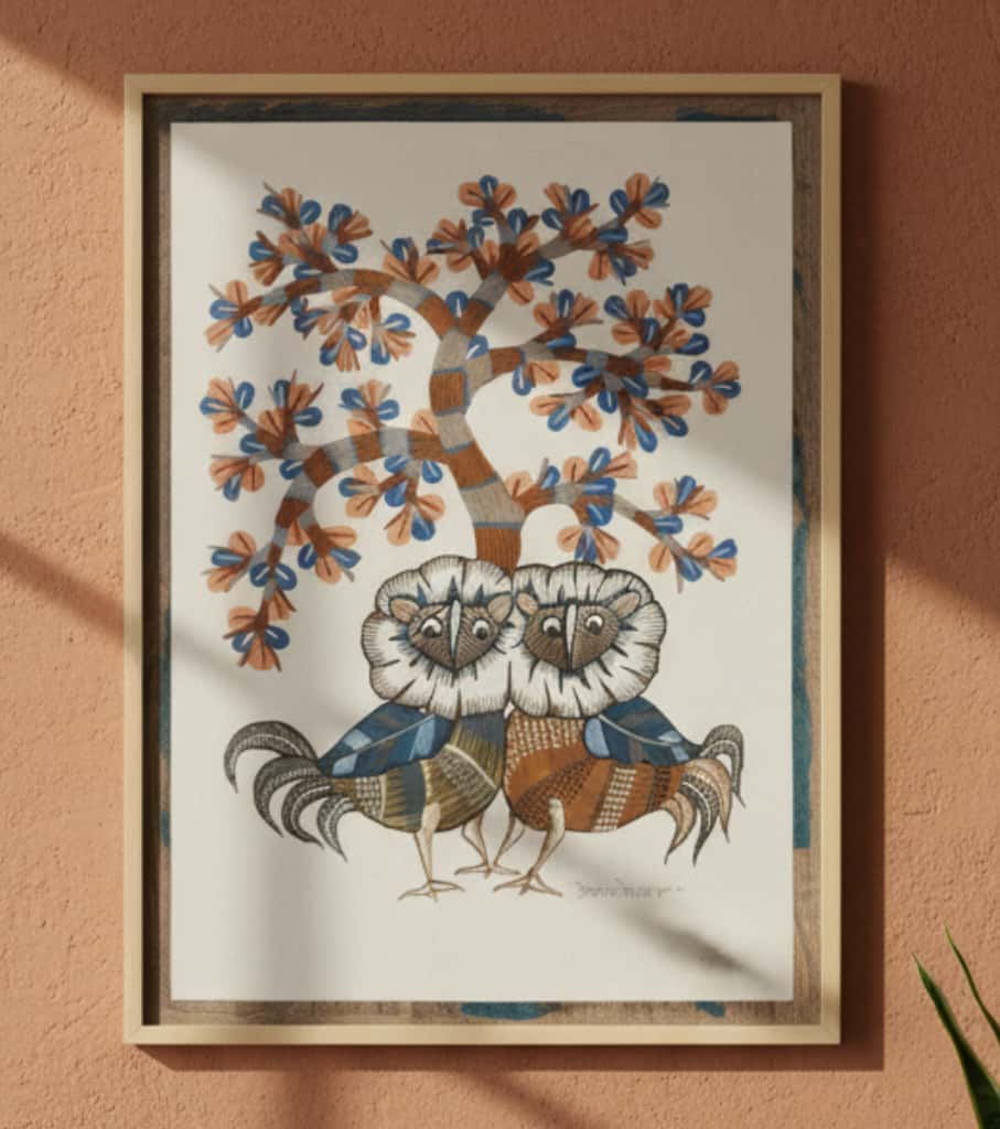 Authentic Gond Painting: "Pair & Life Tree" | Handmade Tribal Folk Art (11" x 15") | Indi Temptation