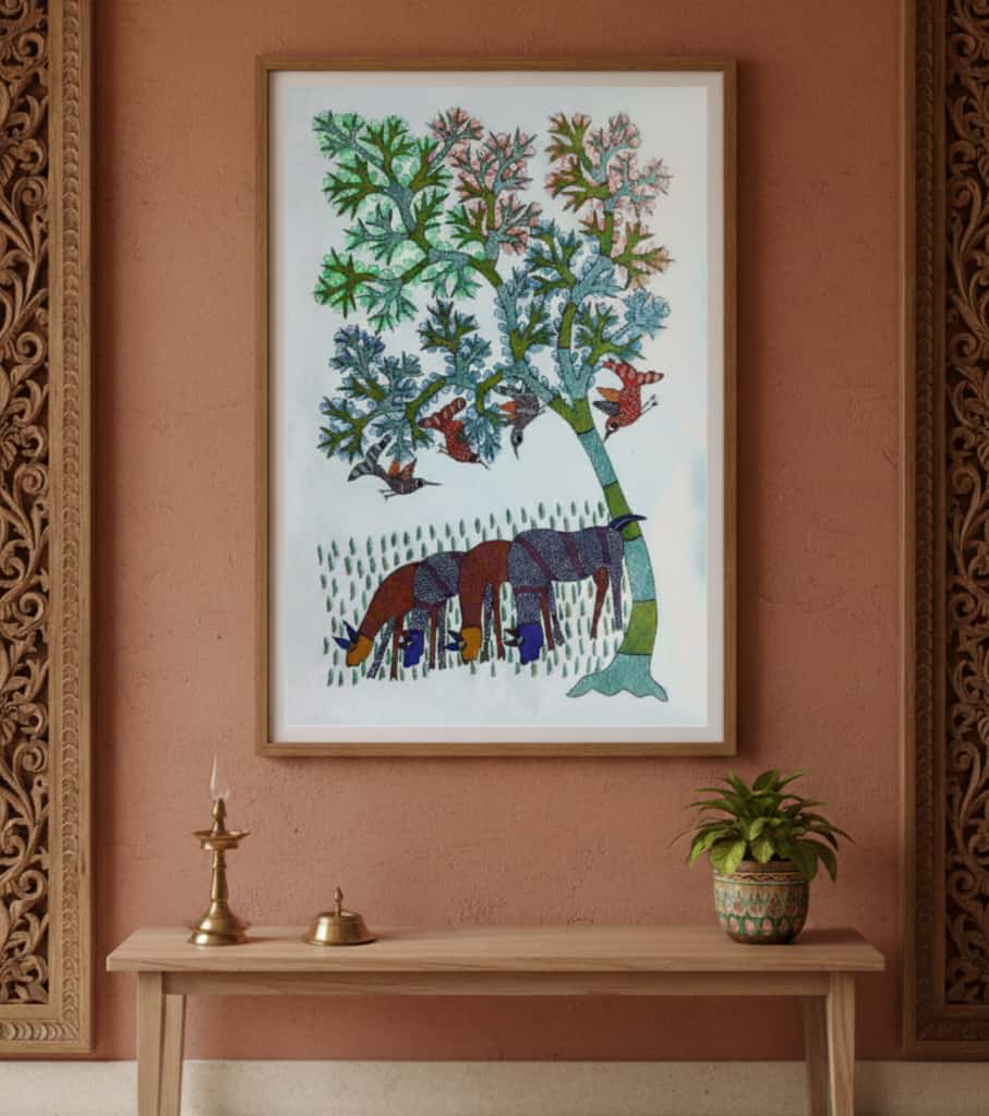 Authentic Gond Painting: "Gazing Deer & Tree of Life" | Handmade Tribal Folk Art (11" x 15") | Indi Temptation