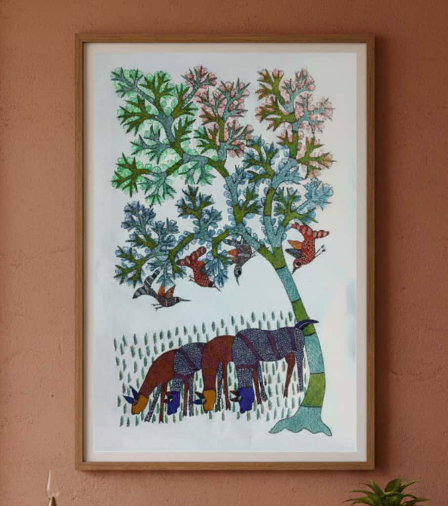 Authentic Gond Painting: "Gazing Deer & Tree of Life" | Handmade Tribal Folk Art (11" x 15") | Indi Temptation