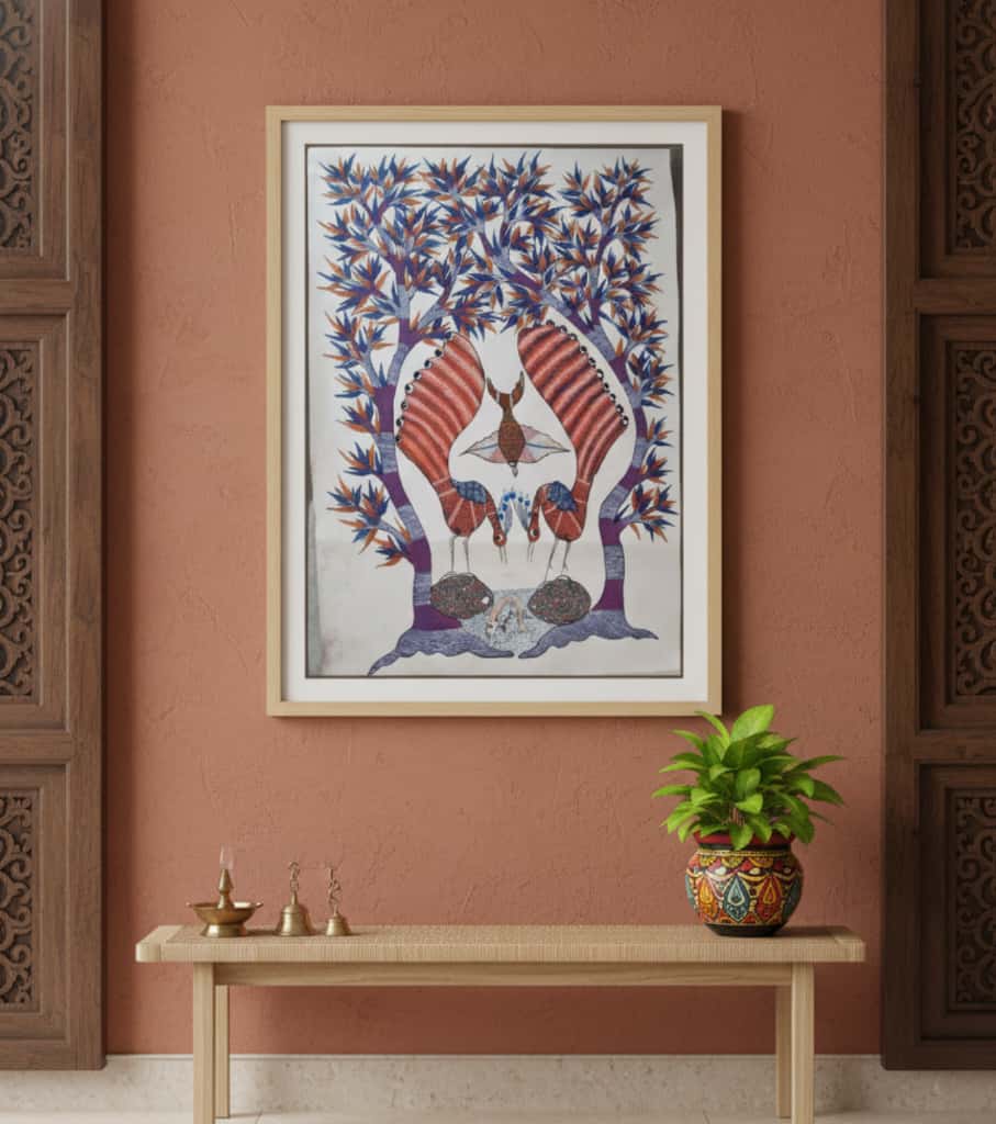 Authentic Gond Painting: "Mythical Birds with Tree of Life" | Handmade Tribal Folk Art (11" x 15") | Indi Temptation