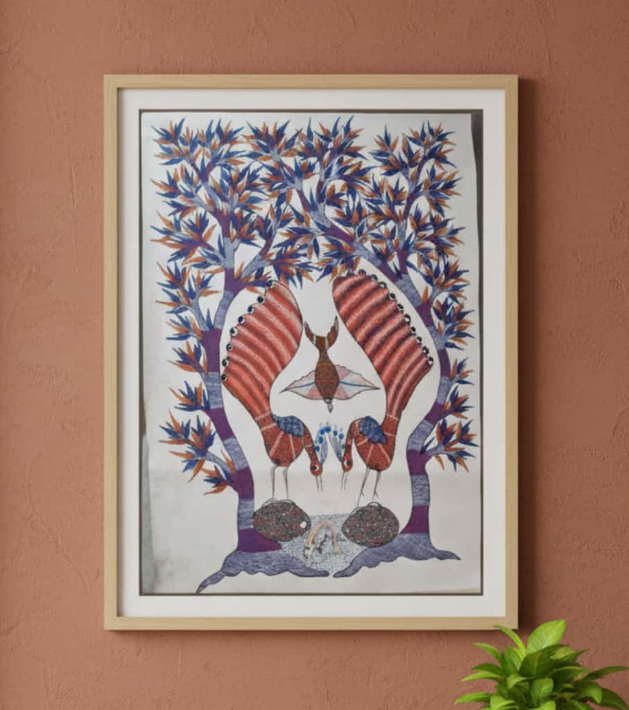 Authentic Gond Painting: "Mythical Birds with Tree of Life" | Handmade Tribal Folk Art (11" x 15") | Indi Temptation