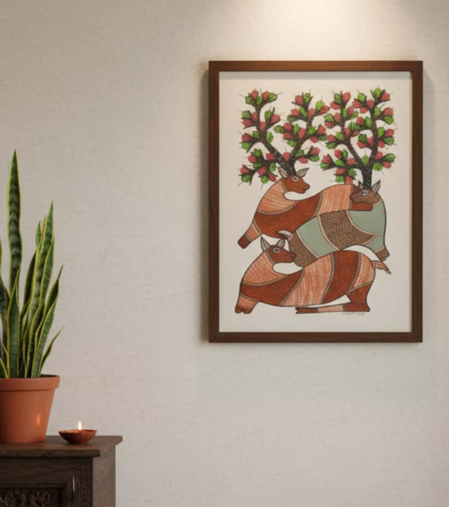 Authentic Gond Painting: "Deer and Tree of Life" | Handmade Tribal Folk Art (11" x 15") | Indi Temptation
