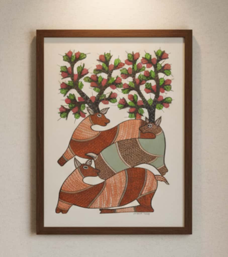 Authentic Gond Painting: "Deer and Tree of Life" | Handmade Tribal Folk Art (11" x 15") | Indi Temptation