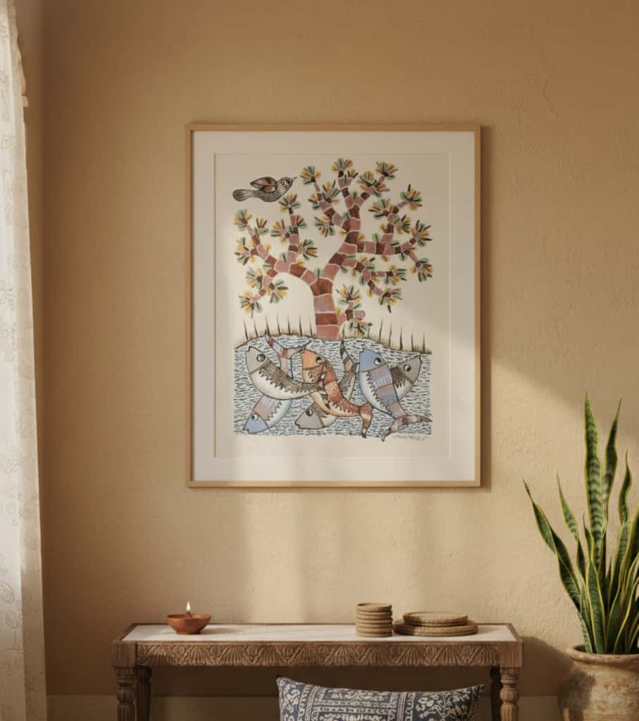 Authentic Gond Painting: "School of Fish Motif & Tree of Life" | Handmade Tribal Art (11" x 15") | Indi Temptation