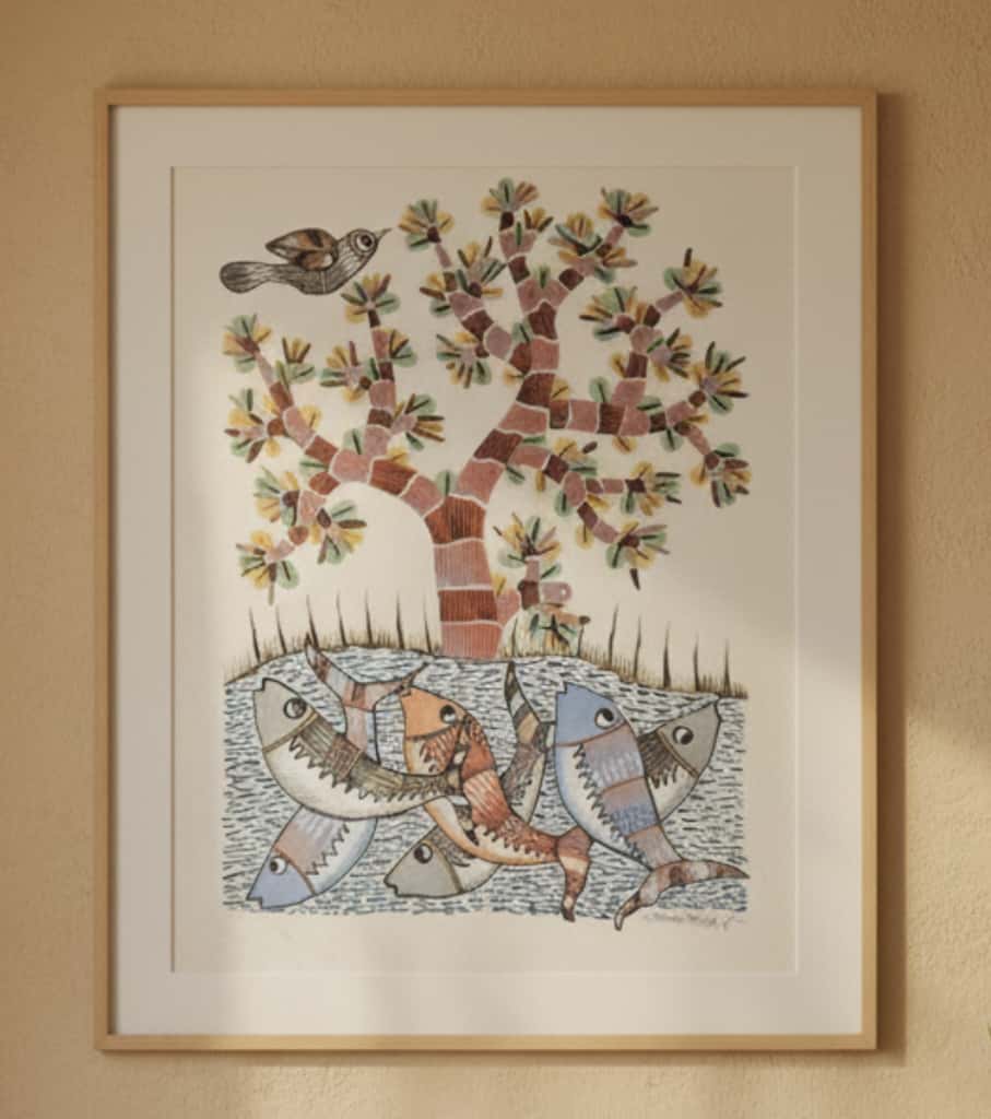 Authentic Gond Painting: "School of Fish Motif & Tree of Life" | Handmade Tribal Art (11" x 15") | Indi Temptation