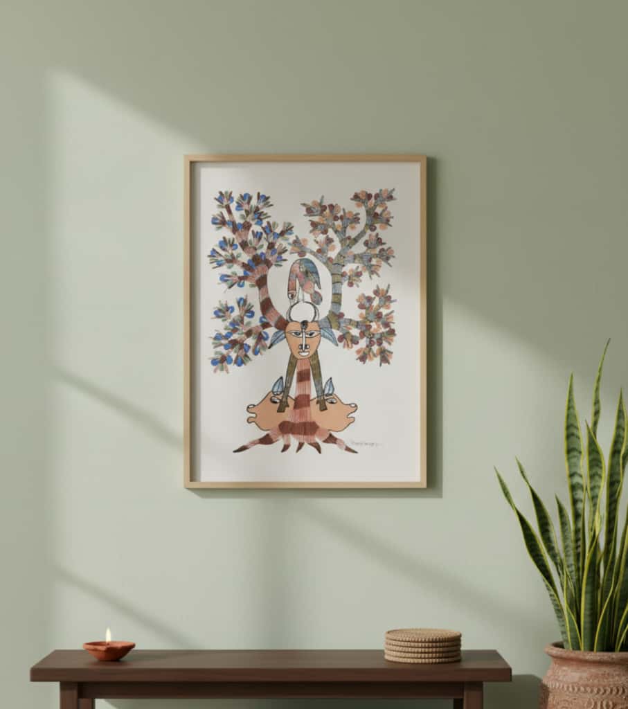 Authentic Gond Painting: "Tribal Deity & Cosmic Tree" | Handmade Folk Art (11" x 15") | Indi Temptation